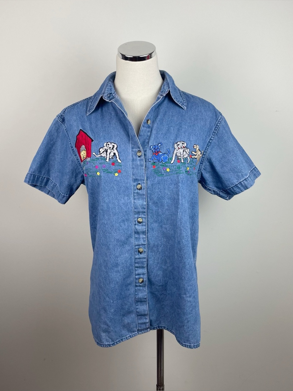 Effeci Blue Denim Jean Dogs Embroidered Button Down Collared Shirt Top Women